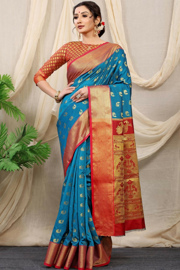 Jyoti Fashion Women's Firozi Banarasi Silk Zari Woven Saree with Blouse