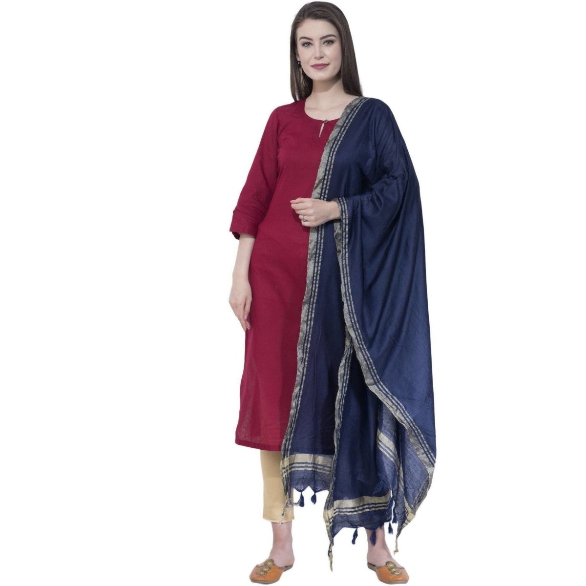A R SILK Navy Blue Color Golden Border Dupattas and Chunnis