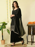 Myshka Women's Black Georgette Kurta & Palazzos With Dupatta Party Sets