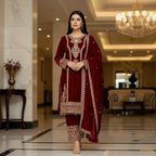 Joban Fashion Maroon Kurta Set Velvet Embroidery Sequence Work - Distacart