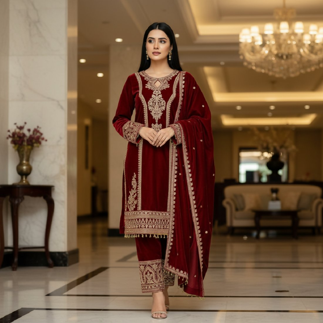 Joban Fashion Maroon Kurta Set Velvet Embroidery Sequence Work - Distacart