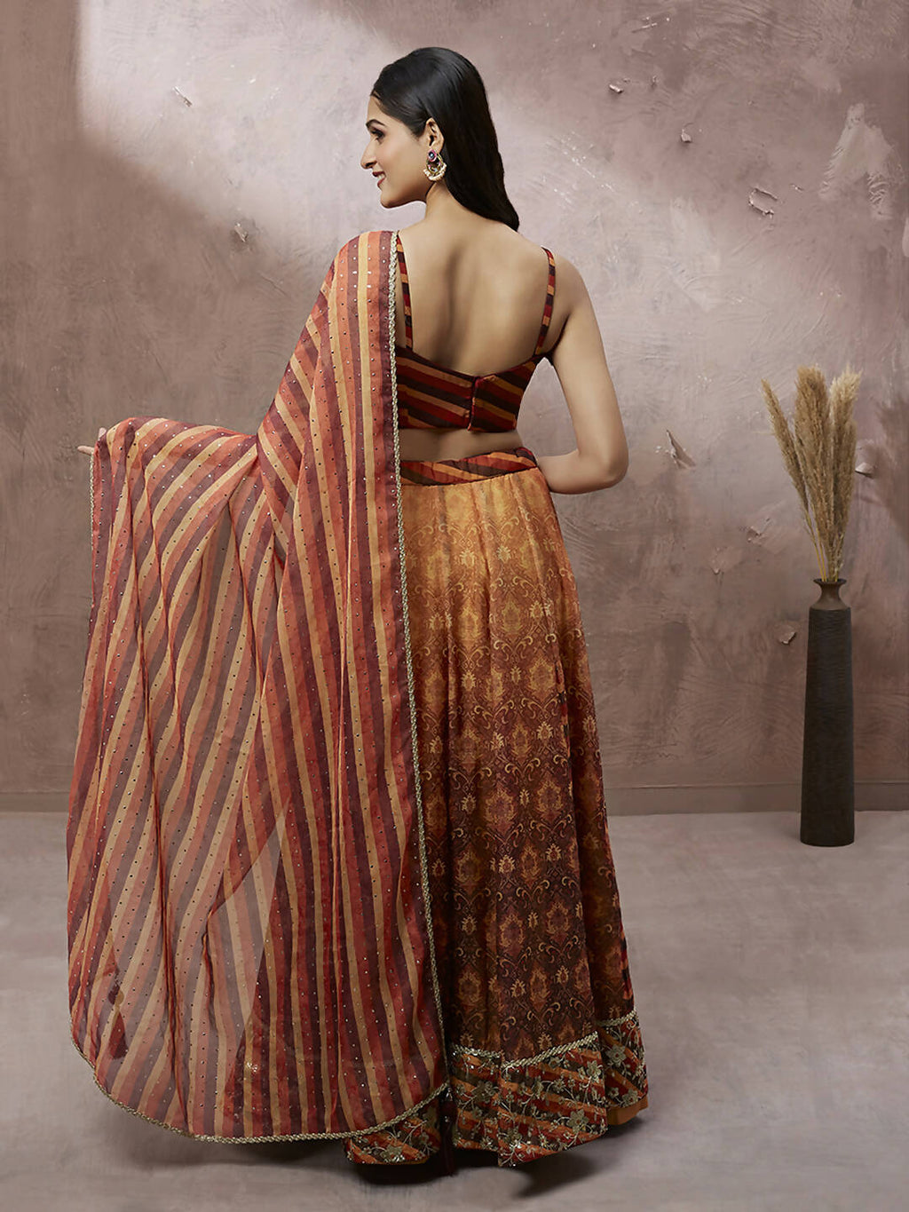 House of Panchhi Brown Organza Floral Print and sequinse work Lehenga choli & Dupatta