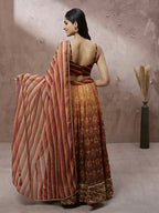 House of Panchhi Brown Organza Floral Print and sequinse work Lehenga choli & Dupatta