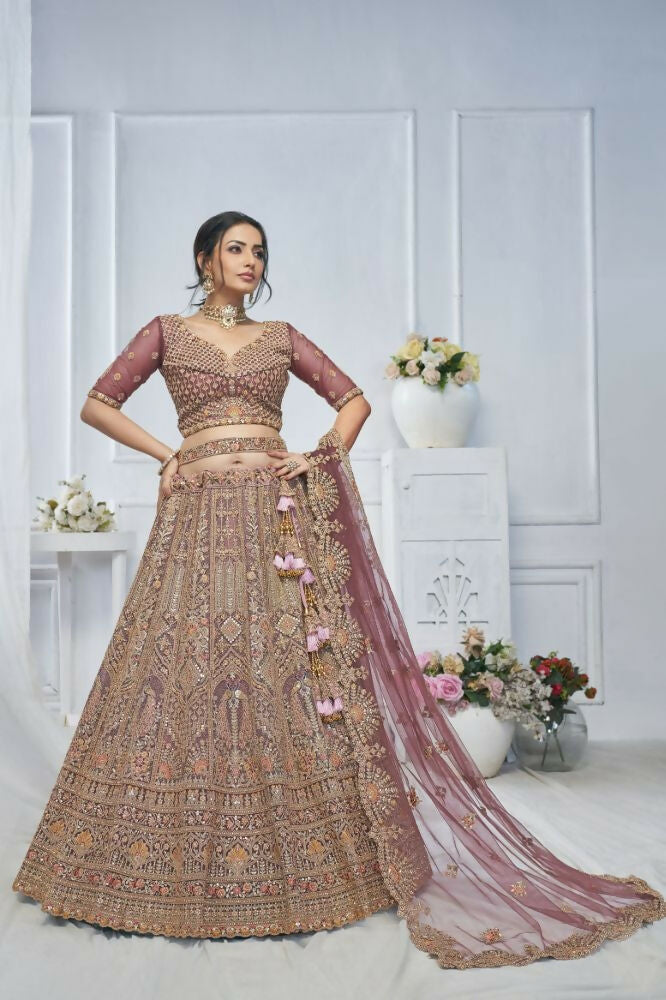 Kesar Fab Onion-Pink Net Embroidered Lehenga