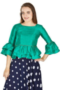 Aastha Fashion Women's Sea Green Art Silk Bell Sleeves attire with Poly Cotton Lining Blouse