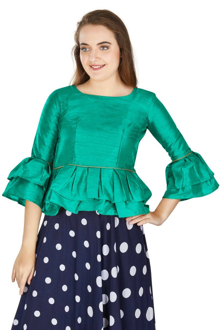 Aastha Fashion Women's Sea Green Art Silk Bell Sleeves attire with Poly Cotton Lining Blouse