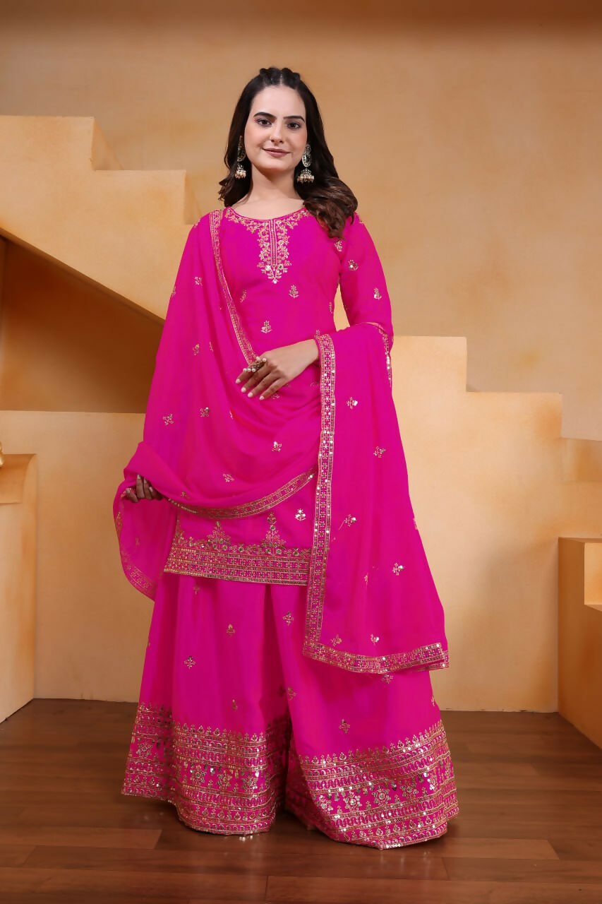 Joban Fashion Pink Silk Embroidered Sharara Set - Distacart