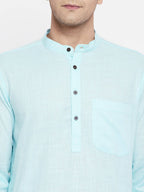 Even Apparels Pure Cotton Blue Color Men's Kurta With Band Collar - Distacart