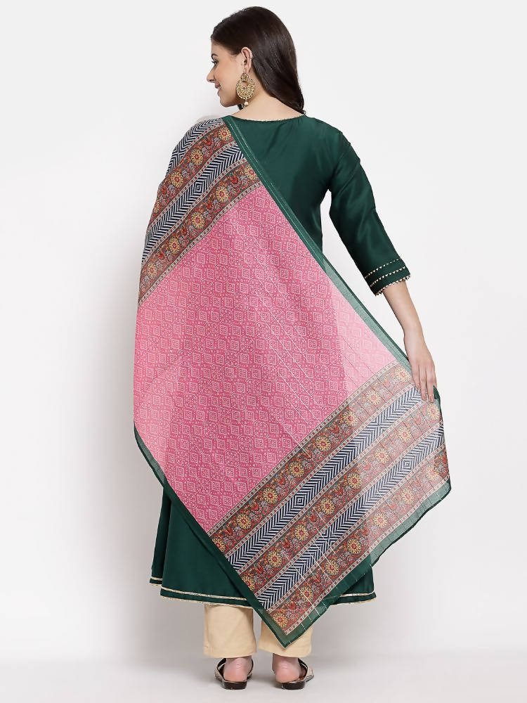 Myshka Women's Green Cotton Solid 3/4 Sleeve V Neck Casual Kurta Dupatta Set
