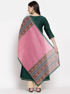 Myshka Women's Green Cotton Solid 3/4 Sleeve V Neck Casual Kurta Dupatta Set