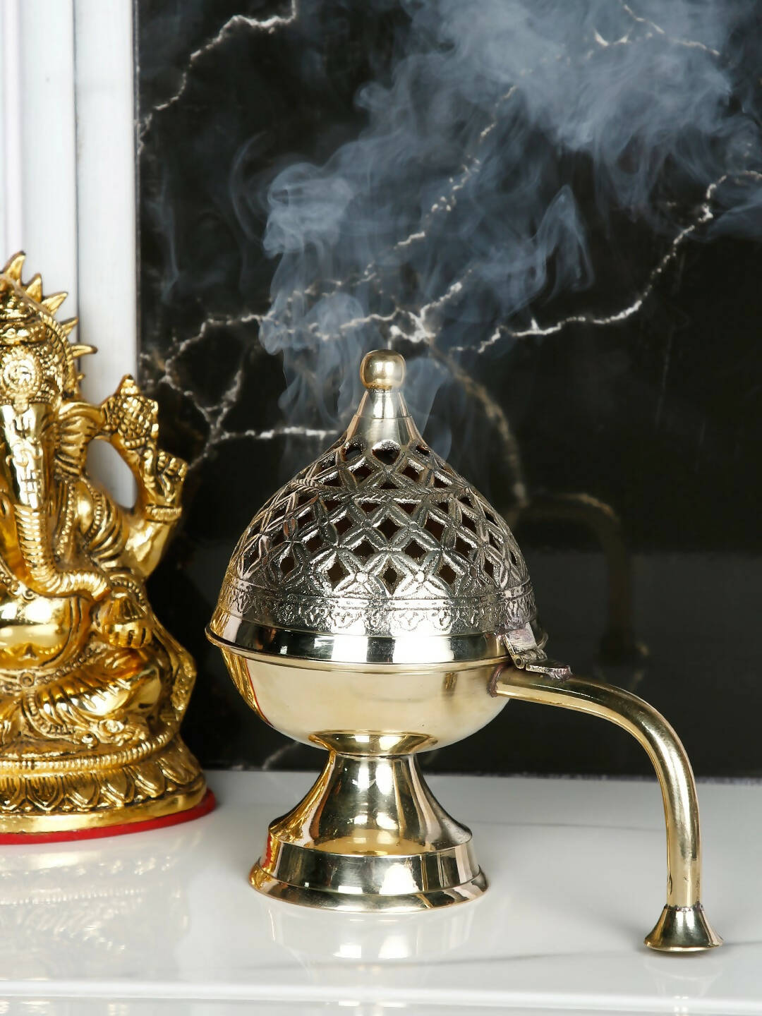 CraftVatika Gold-Toned Dhoop Dani Loban With Handle & Incense Stick Holder Showpiece