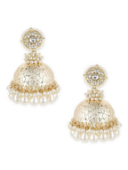 Gold-Toned White Pearl Beaded Contemporary Gold-Plated Jhumkas Earrings - Ruby Raang - Distacart