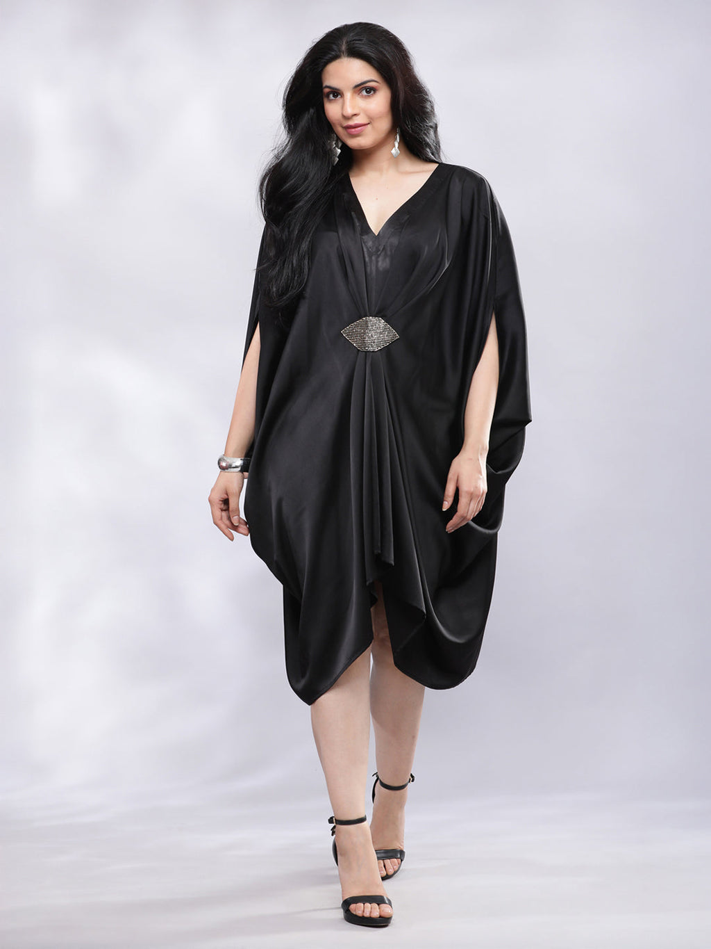 BohoJazz Drape Cowl Black Dress with Hand Embroidered Motif - Distacart
