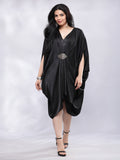 BohoJazz Drape Cowl Black Dress with Hand Embroidered Motif - Distacart