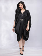 BohoJazz Drape Cowl Black Dress with Hand Embroidered Motif - Distacart