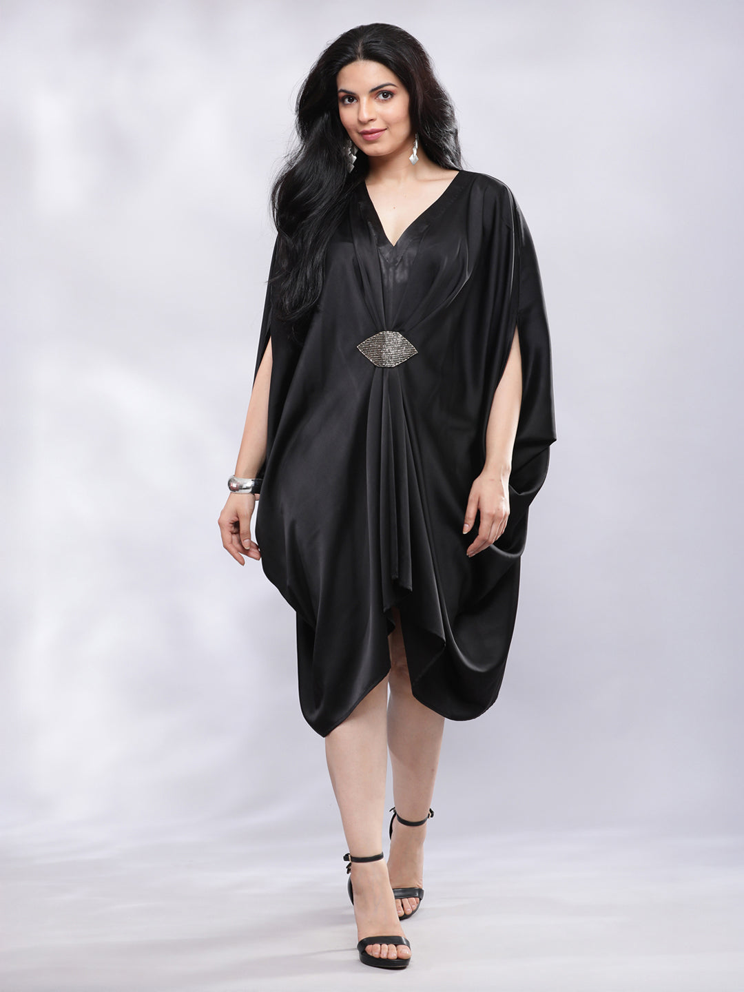 BohoJazz Drape Cowl Black Dress with Hand Embroidered Motif - Distacart