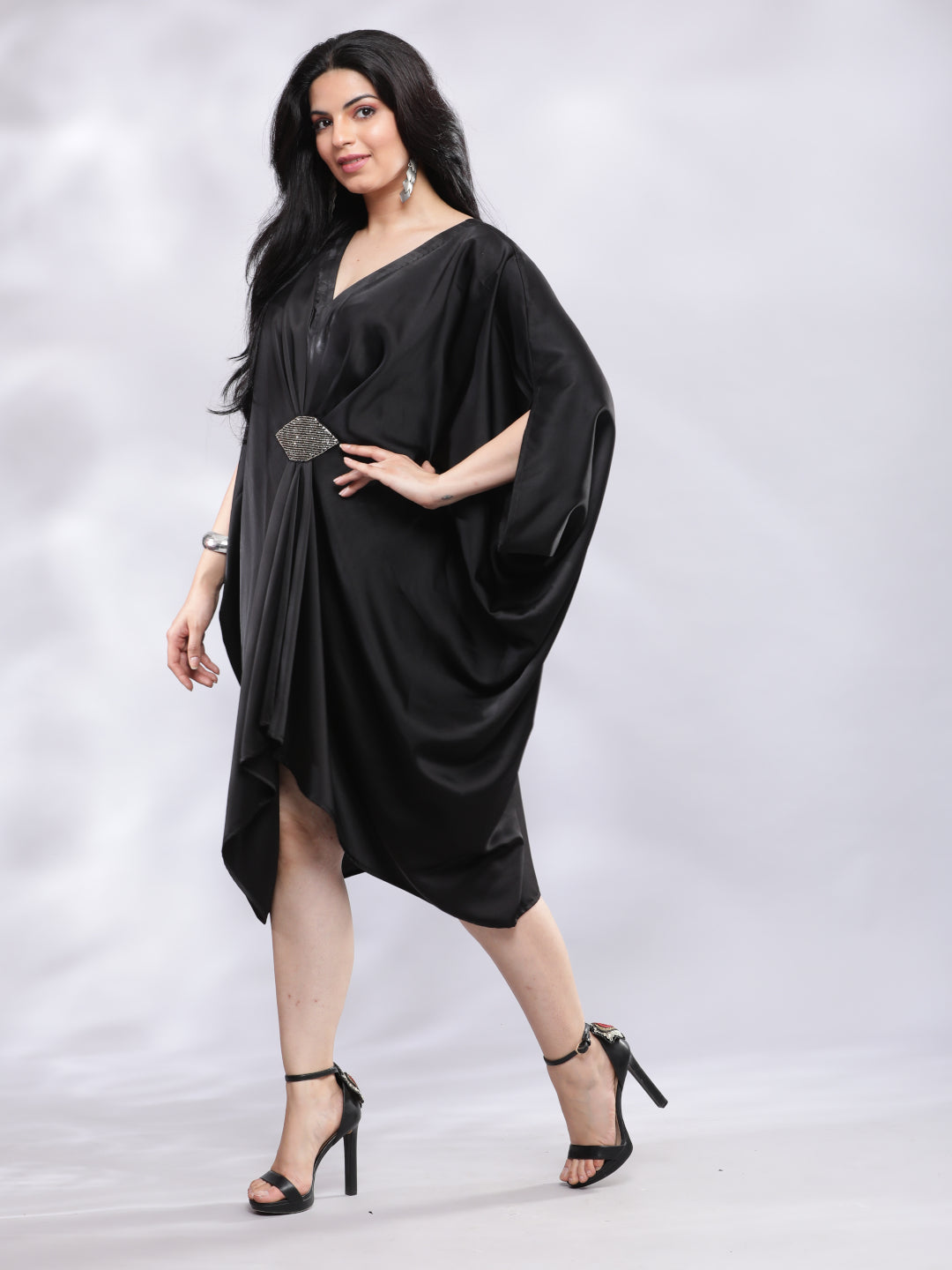 BohoJazz Drape Cowl Black Dress with Hand Embroidered Motif - Distacart