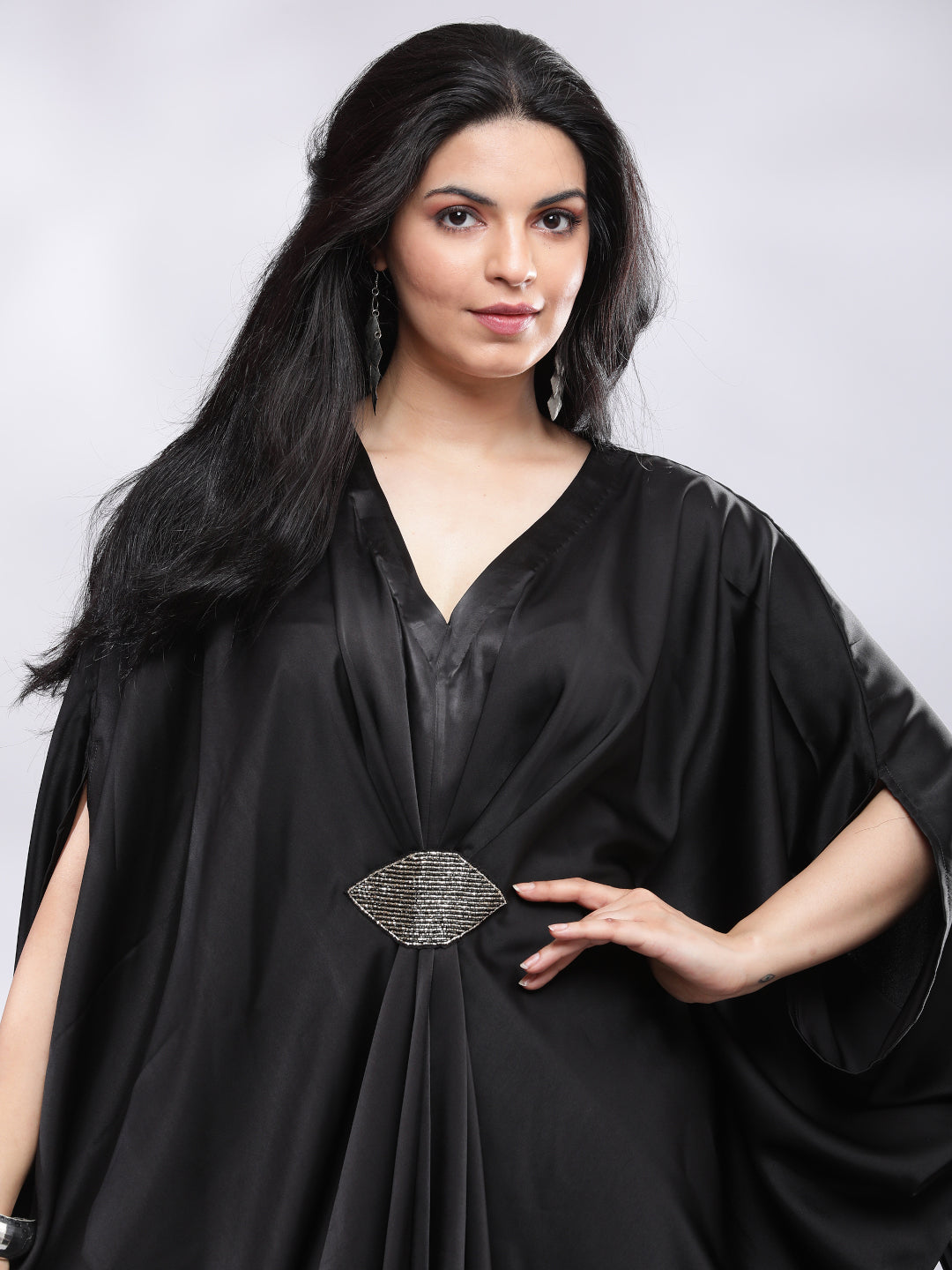 BohoJazz Drape Cowl Black Dress with Hand Embroidered Motif - Distacart