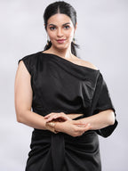 BohoJazz Drape Skirt with One Shoulder Cowl Top Co-ord Set - Black - Distacart