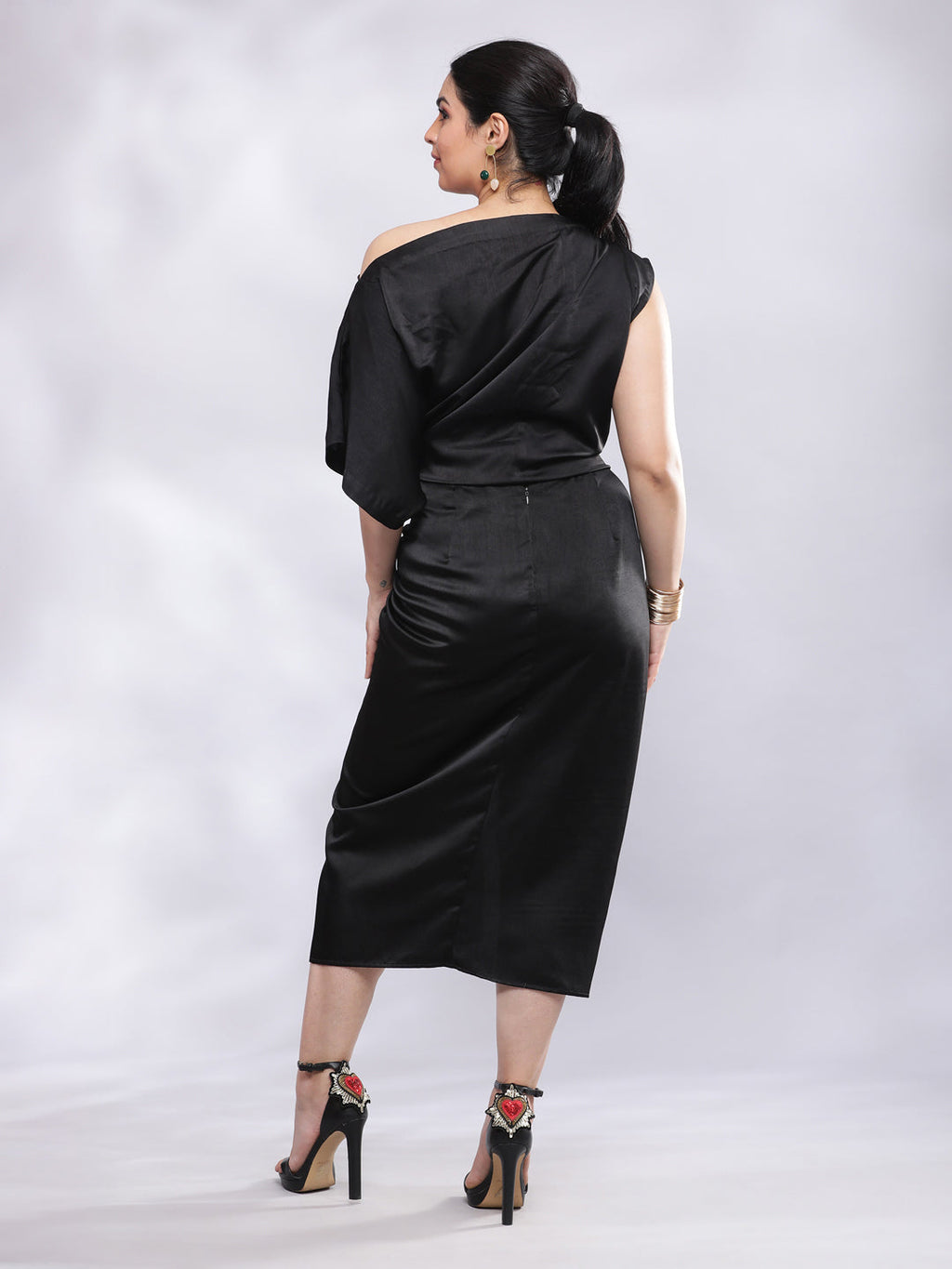 BohoJazz Drape Skirt with One Shoulder Cowl Top Co-ord Set - Black - Distacart