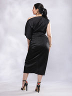 BohoJazz Drape Skirt with One Shoulder Cowl Top Co-ord Set - Black - Distacart