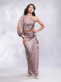 BohoJazz Drape Skirt with One Shoulder Cowl Top Co-ord Set - Champagne - Distacart