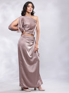 BohoJazz Drape Skirt with One Shoulder Cowl Top Co-ord Set - Champagne - Distacart