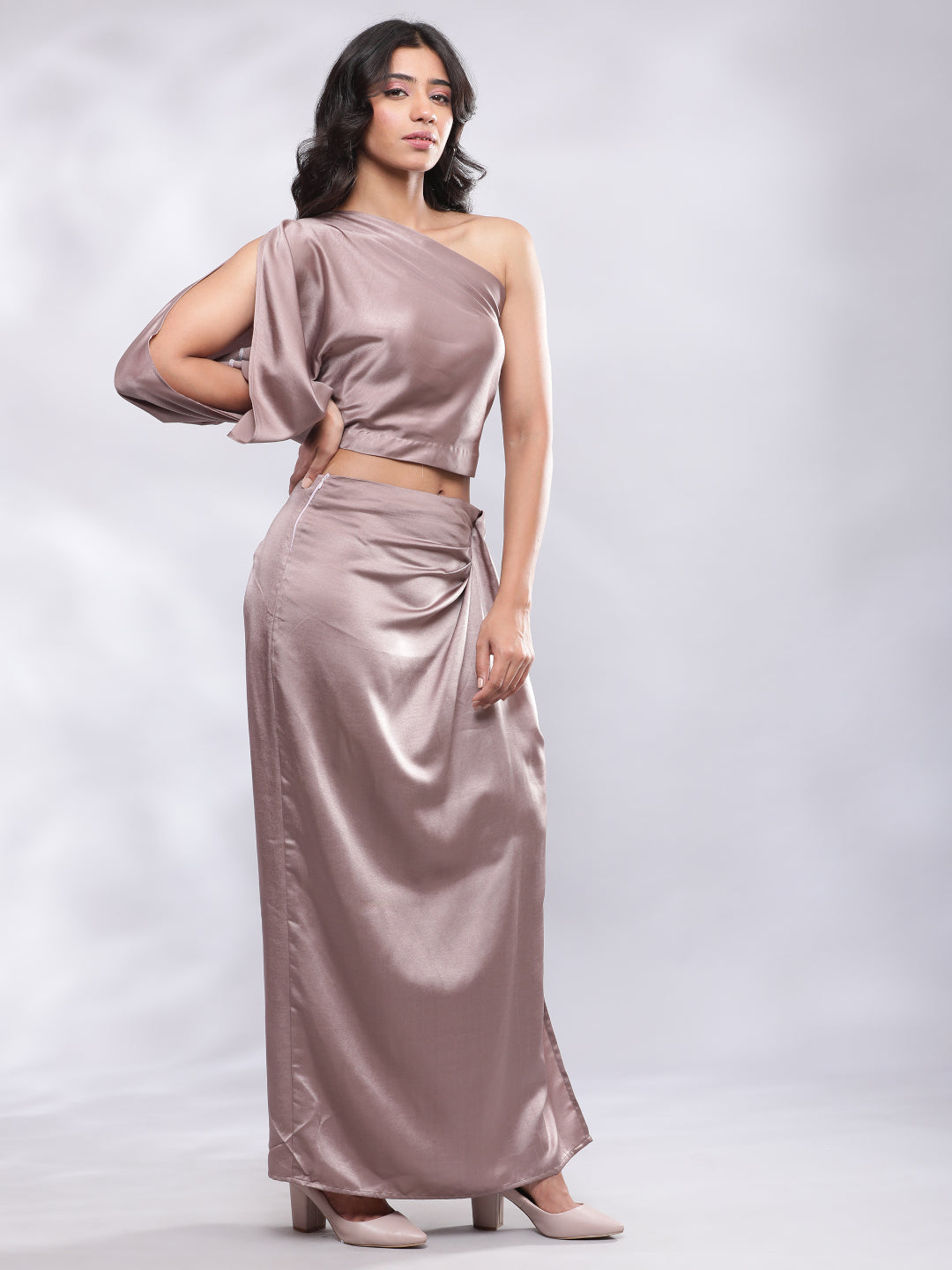 BohoJazz Drape Skirt with One Shoulder Cowl Top Co-ord Set - Champagne - Distacart