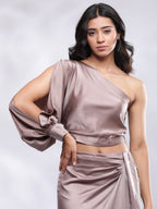 BohoJazz Drape Skirt with One Shoulder Cowl Top Co-ord Set - Champagne - Distacart