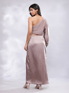BohoJazz Drape Skirt with One Shoulder Cowl Top Co-ord Set - Champagne - Distacart