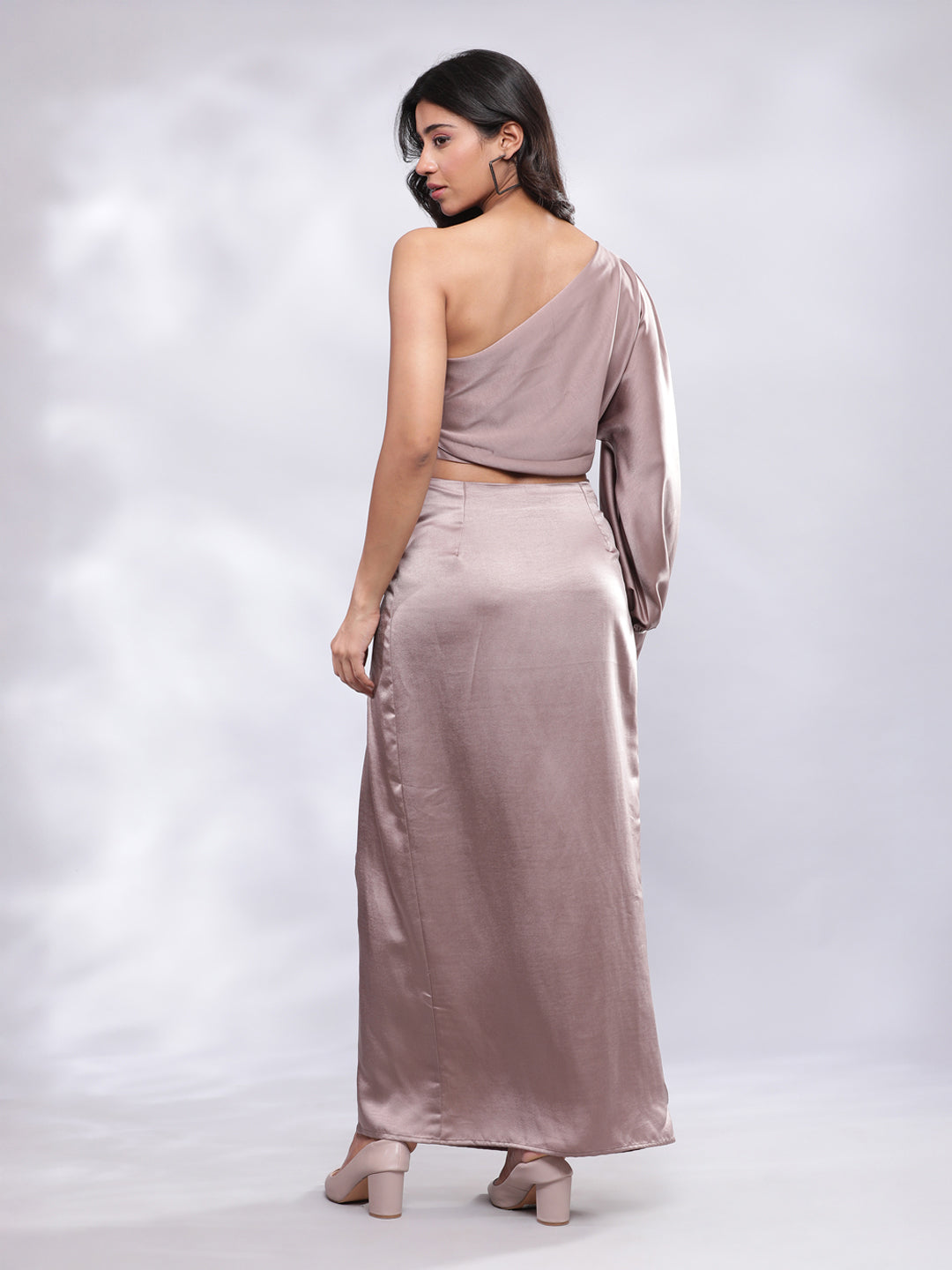 BohoJazz Drape Skirt with One Shoulder Cowl Top Co-ord Set - Champagne - Distacart