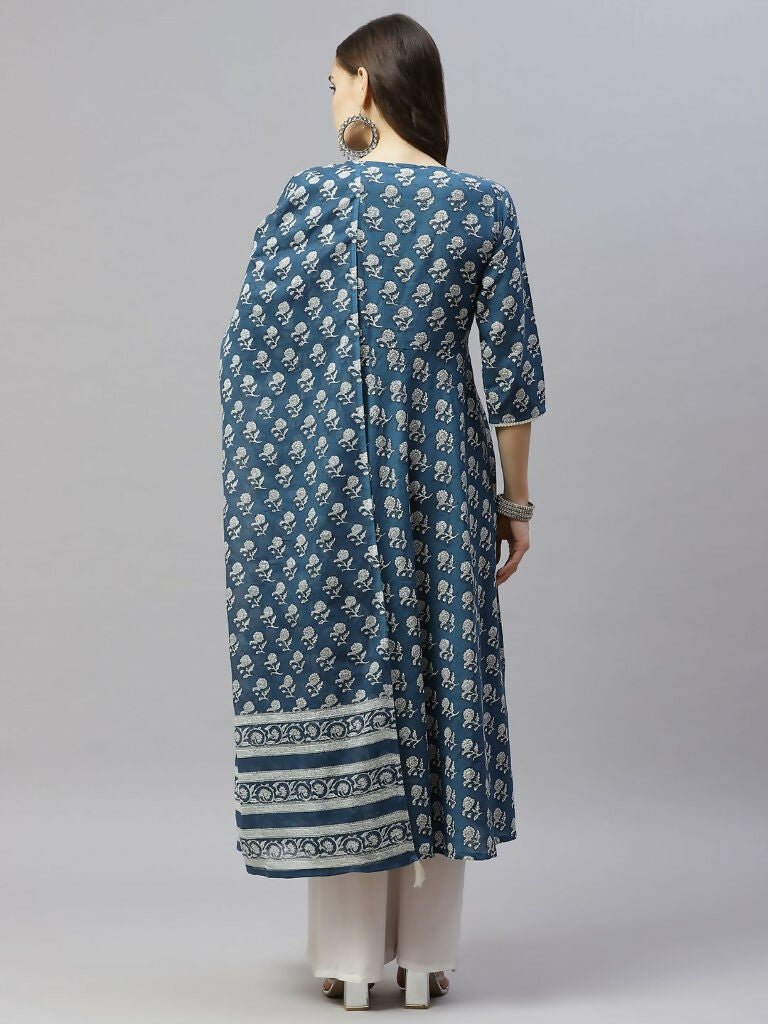 Miravan Women's Cotton Floral Print Anarkali Kurta With Dupatta