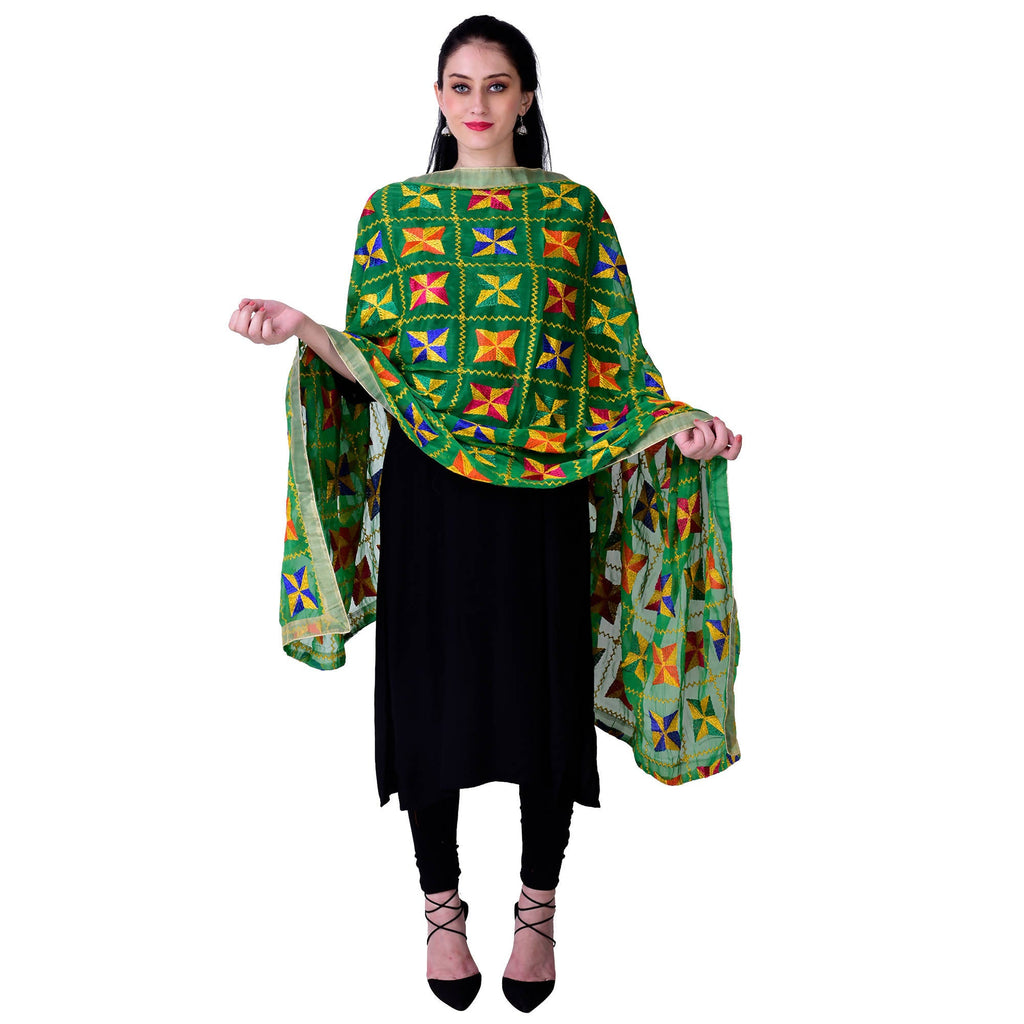 SWI Stylish Embroidered Phulkari Chiffon Green Dupatta