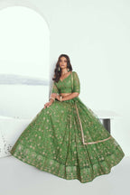 Aastha Fashion Pista Green Butterfly Net Tone To Tone Cotton Thread Work And Sequence Work Embroidery Wedding Wear Lehenga Choli