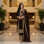 Joban Fashion Coffee Velvet Embroidery Sequence Work Readymade Kurta Set - Distacart