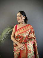 Joban Fashion Light Orange Floral  & Peacock Motifs Soft Silk Paithani Saree - Distacart