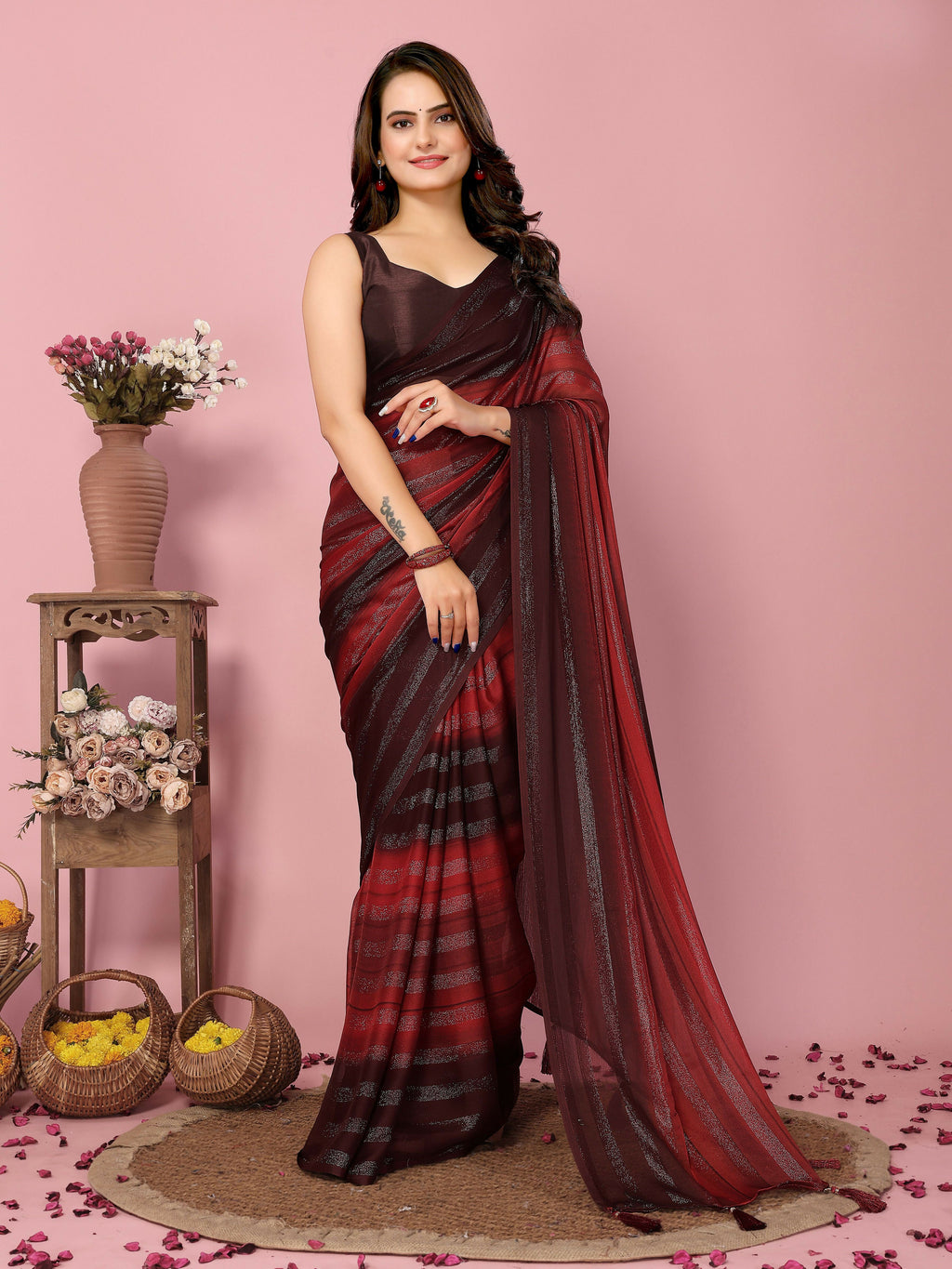 Attractive These Party Wear Ready To Wear Saree - Burgundy