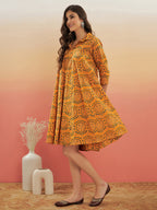 InWeave Women's Haldi Yellow Mughal Kalamkari Flared Dress - Distacart