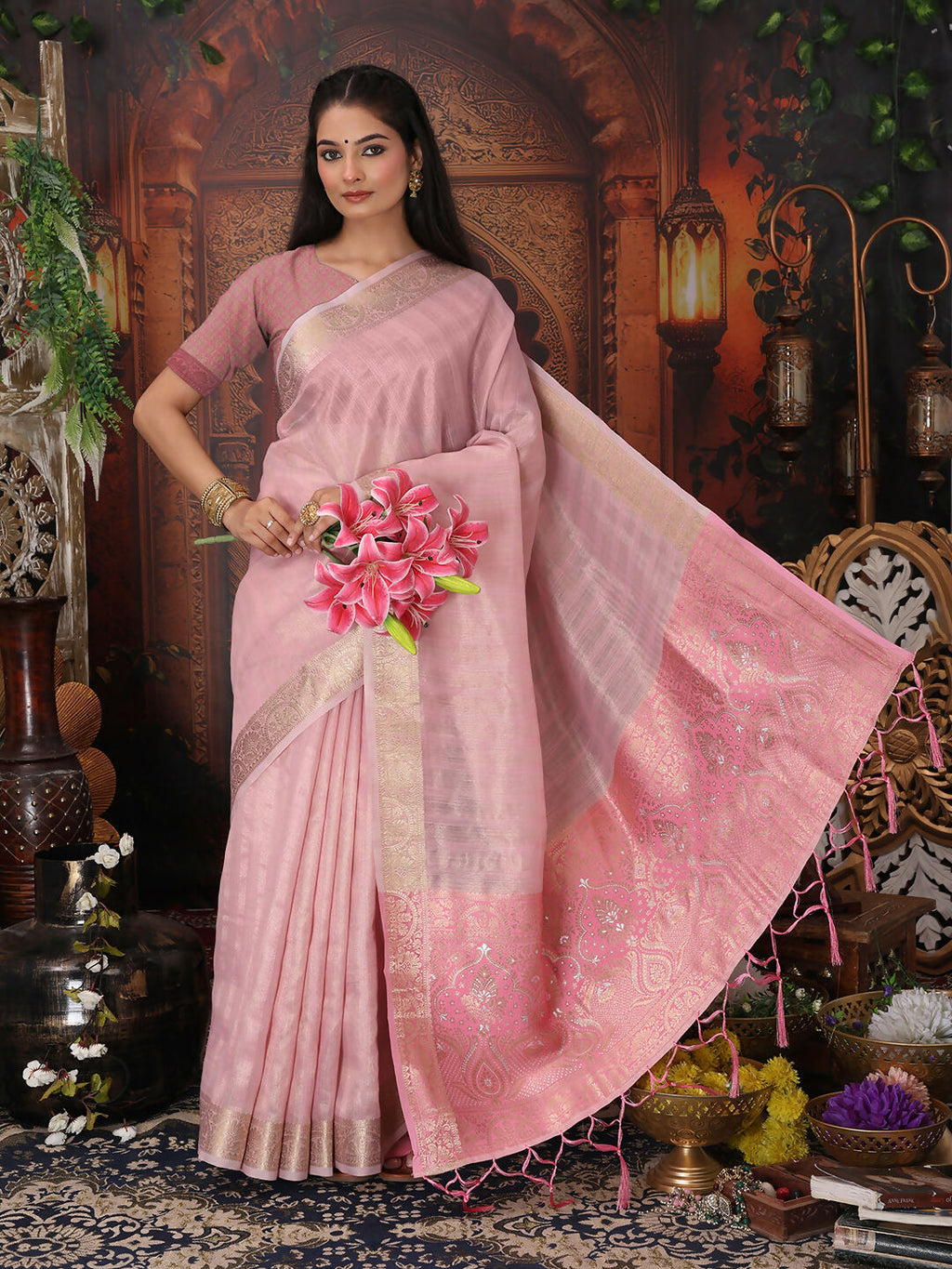 Shree Shyam Fashion Organza Light Pink Saree - Distacart