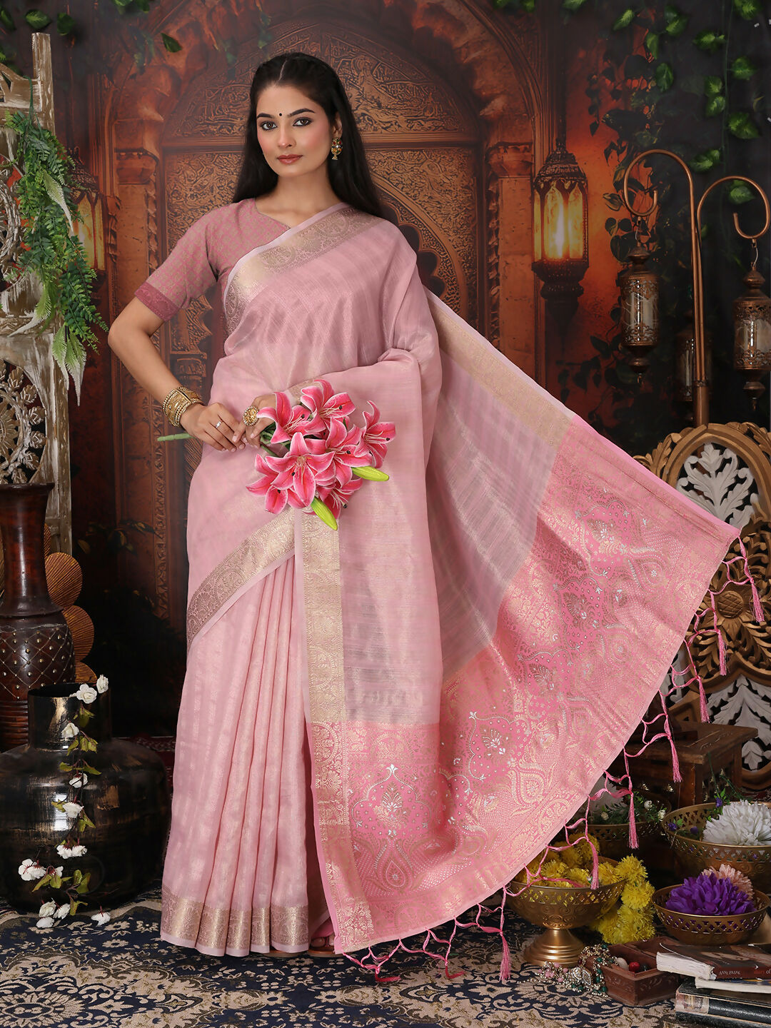 Shree Shyam Fashion Organza Light Pink Saree - Distacart
