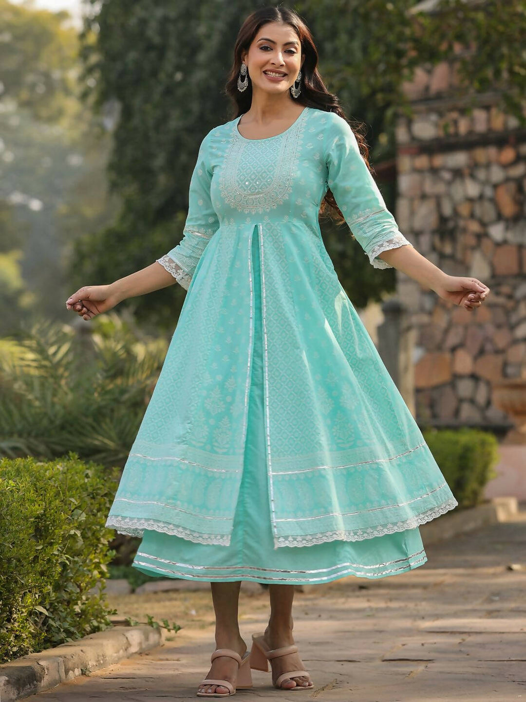 Juniper Women's Aqua Cambric Floral Printed Double Layered Kalidar Dress - Distacart