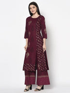 Aniyah Rayon Wine Color Block Print Straight Kurta (AN-175K)