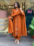 The52 Orange Women's Gorgeous Chanderi Fabric Embroidered Work Straight Kurta Pant and Dupatta Set - Distacart