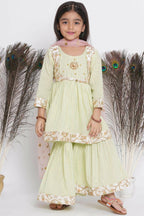 Little Bansi Floral Embroidery Jacket With Cotton Lurex Frock Sharara And Dupatta With Ghungroo Handwork - Bottle Green