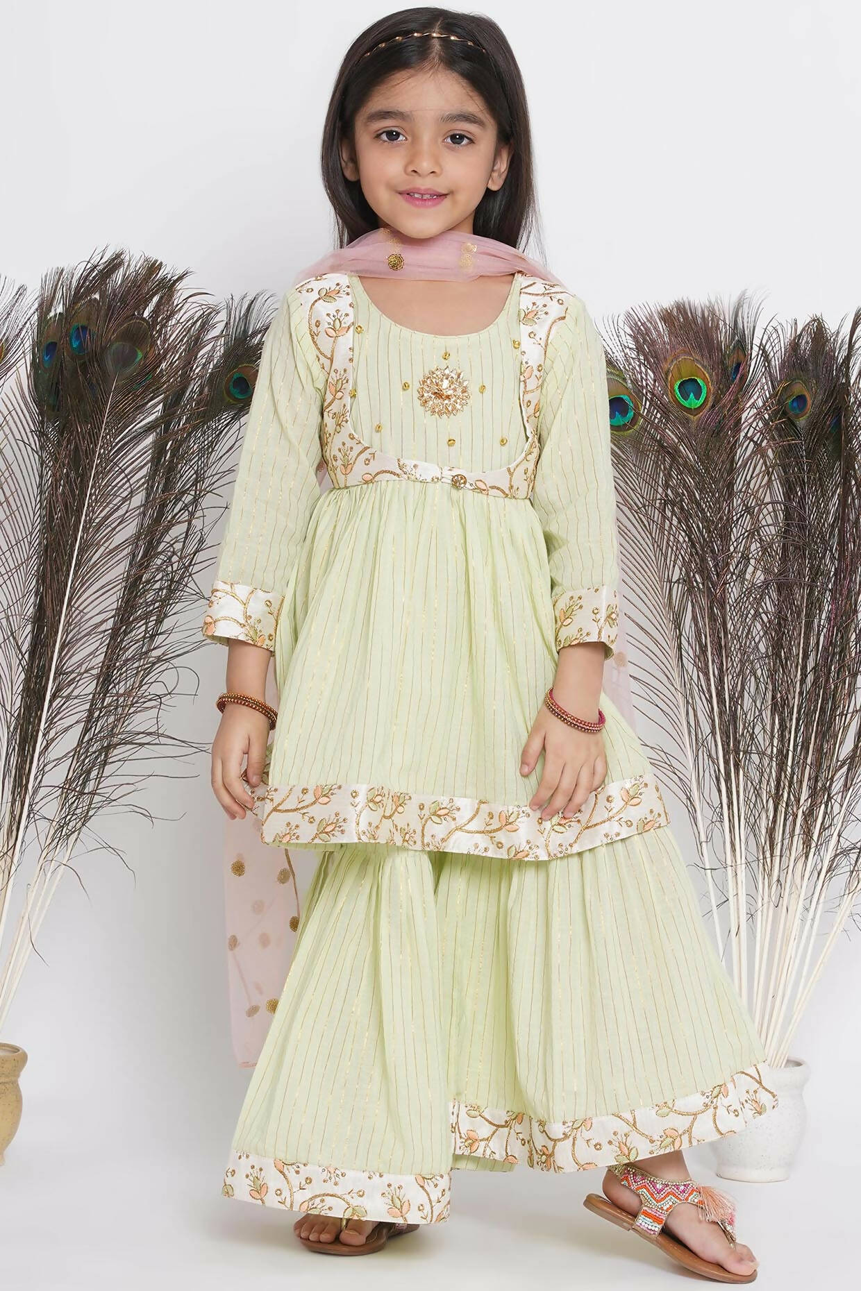 Little Bansi Floral Embroidery Jacket With Cotton Lurex Frock Sharara And Dupatta With Ghungroo Handwork - Bottle Green
