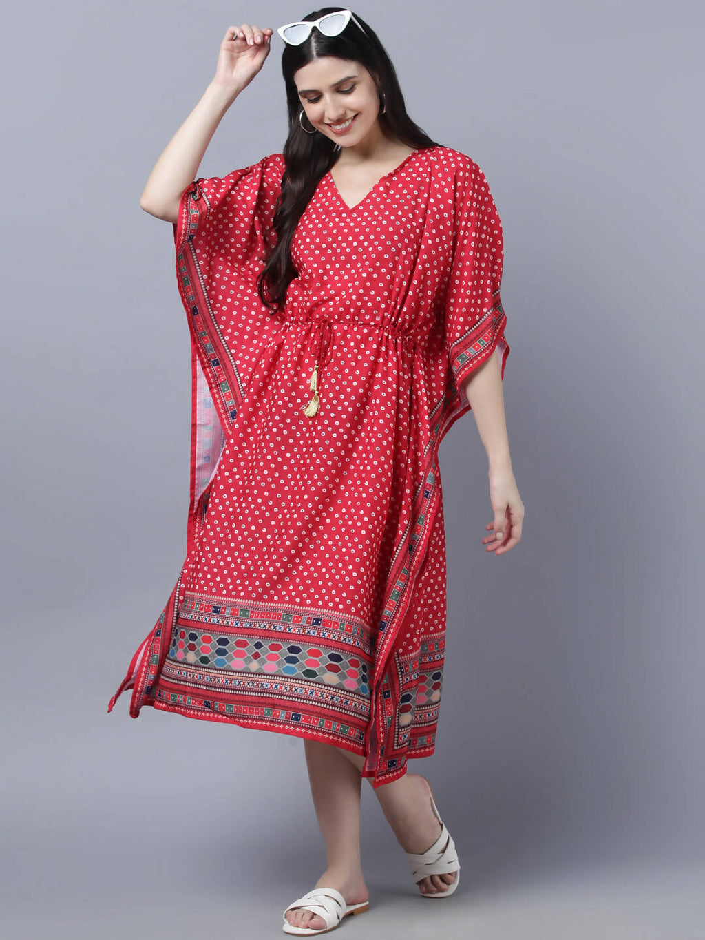 Myshka Women's Red White Ethnic Motifs Printed Kaftan Midi Dress - Distacart