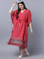 Myshka Women's Red White Ethnic Motifs Printed Kaftan Midi Dress - Distacart