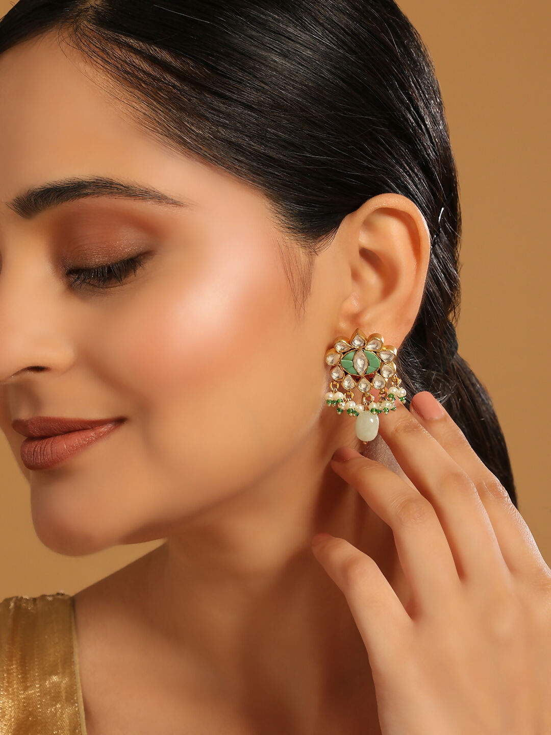 Nuyug 22K Gold Plated Semi Precious Green Stone Studded Pearl Drop Stud Earrings - Distacart