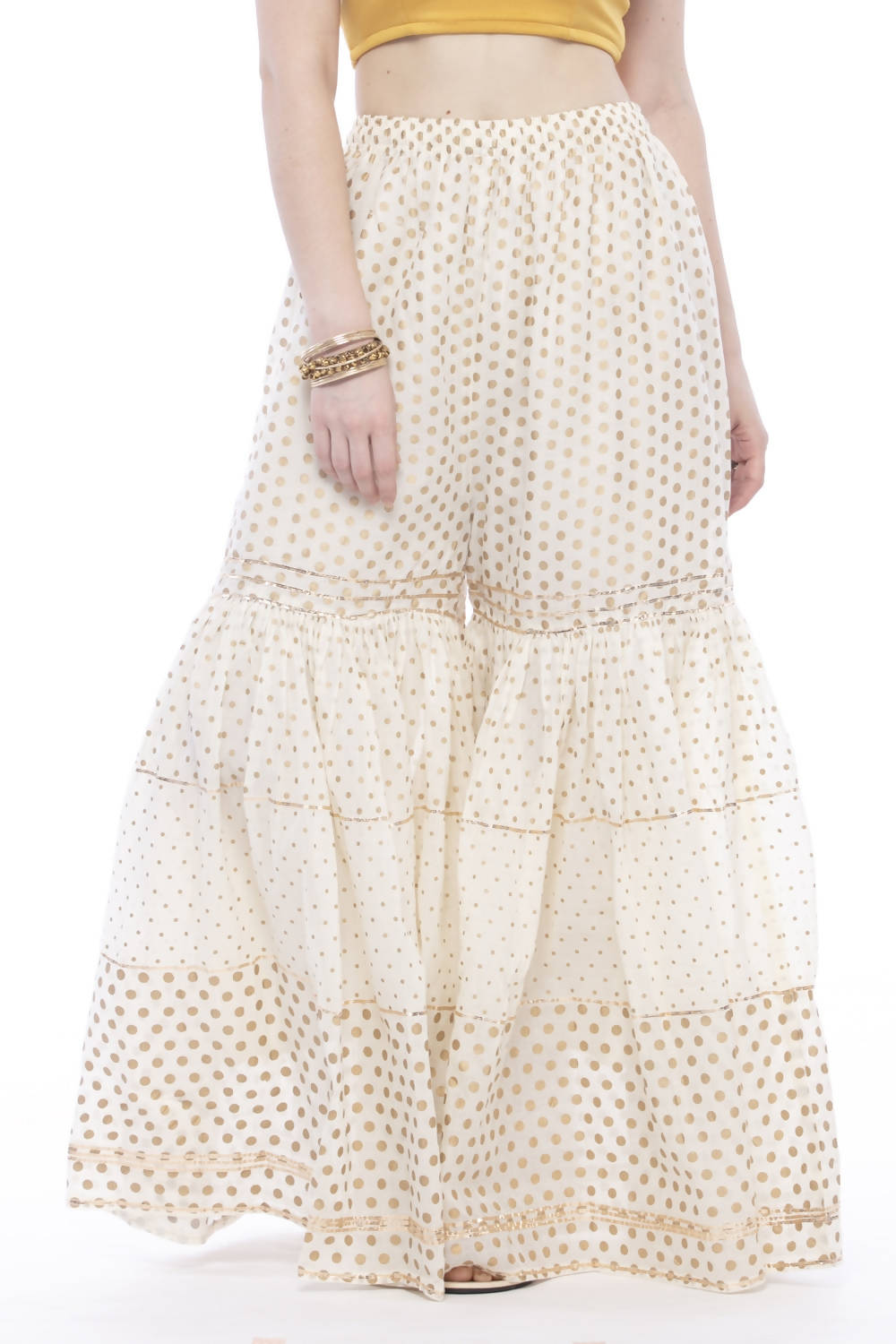 Mominos Fashion Trendy Cotton Off White Gold Print With Gota Sharara - Distacart
