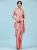 Peach Silk Satin Plain Ready to wear Saree with stitched Blouse - Vrinda